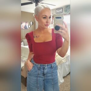 NWT Free People Red Fitted Bodysuit with Puff Sleeves and Ruched Detail